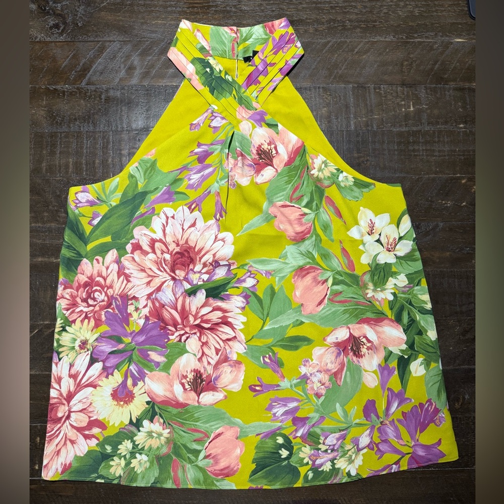 Floral Halter Neck Tank Top in Lime Green